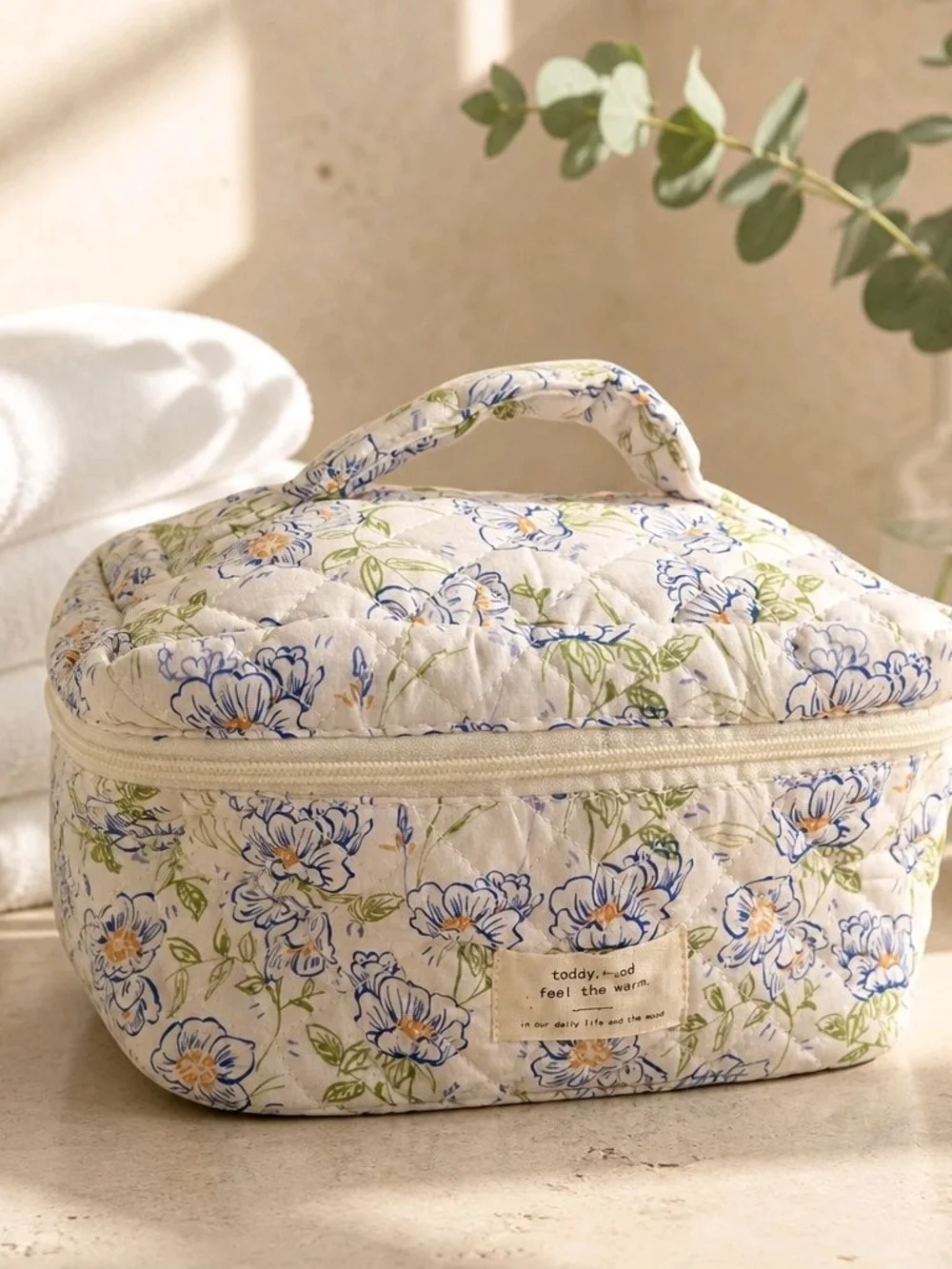 Floral Quilted Cosmetic Case - Cream with Blue Floral Print